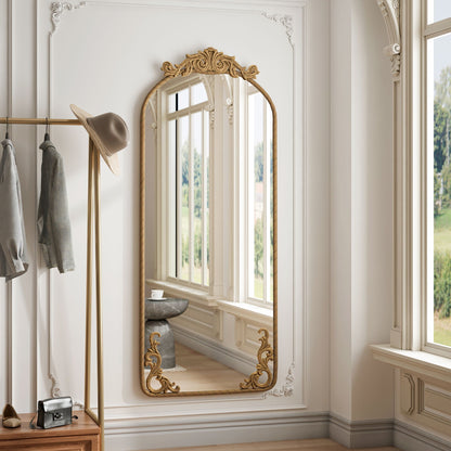 Full Body Arched Mirror With Vintage Carved Applique - - Wall Mirrors
