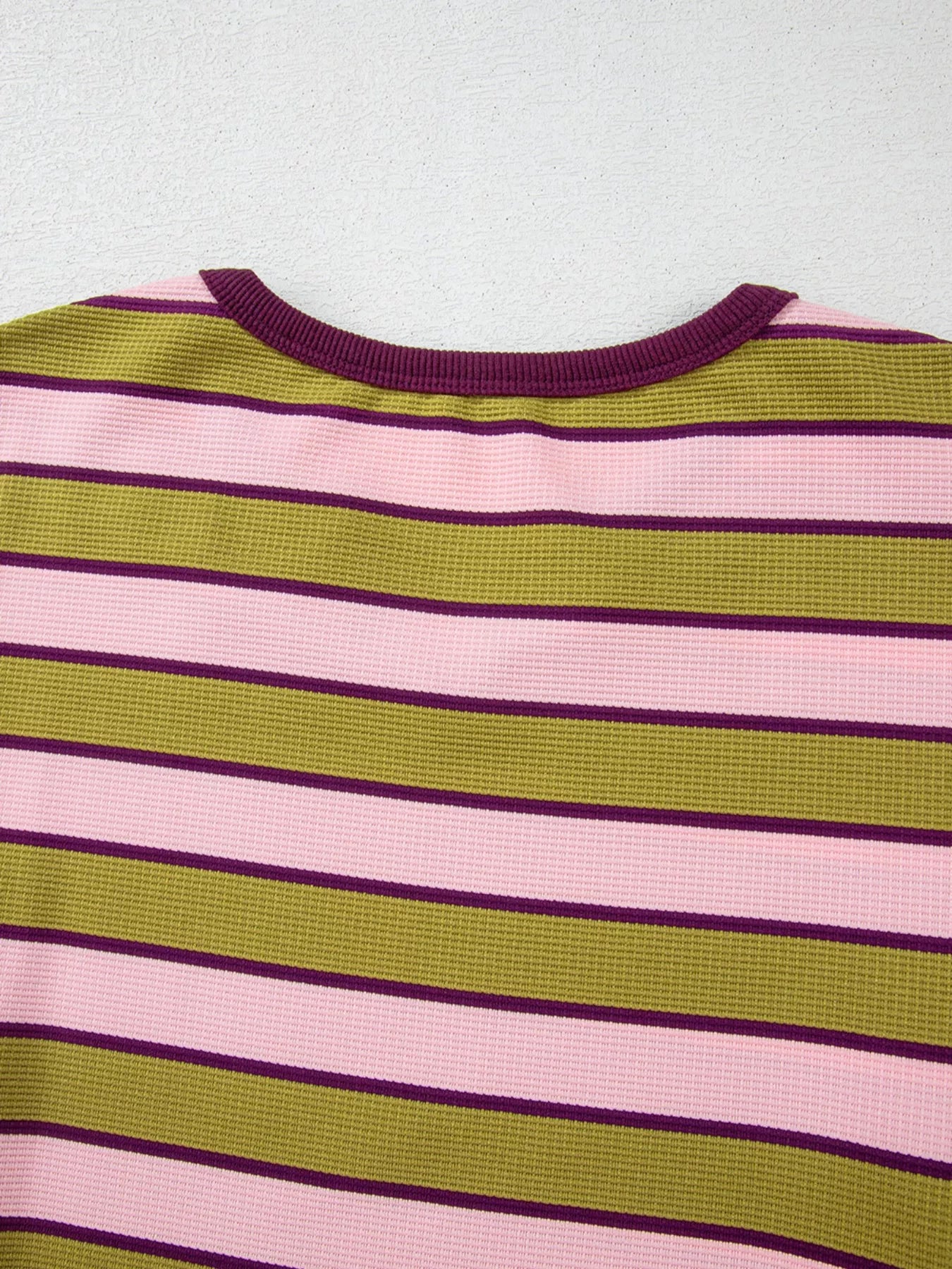 Stripes Waffle Texture Notched Neck Long Sleeve Top - -