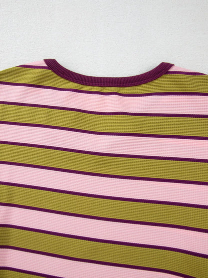 Stripes Waffle Texture Notched Neck Long Sleeve Top - -