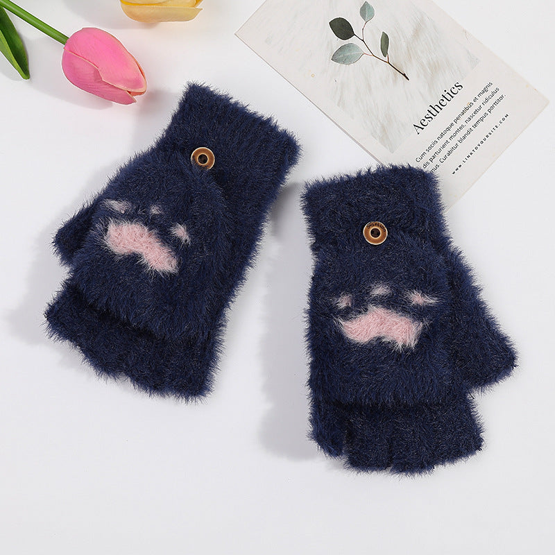 Winter Cat Claw Knit Gloves - Navy Blue 1 Pair - gloves