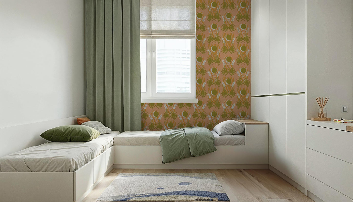 Yucca Moon Wallpaper, peach and green- Samantha Santana Creative- {{Product type}}