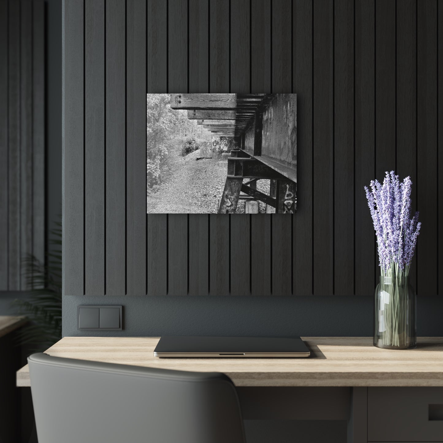 Black & White Train Trestle Acrylic Print — Rustic Industrial Wall Art French Cleat - 20″ x 16″ (Horizontal) 0.25'' - Home Decor