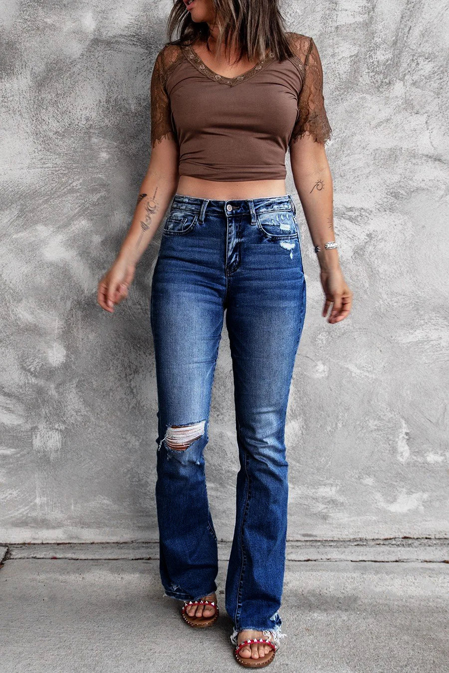 Women Holes Ripped Flare Jeans Hollow Out High Waist Wide Leg Denim Jeans