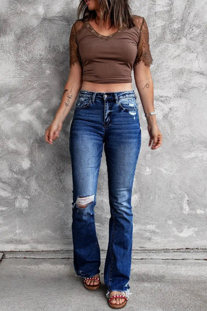 Women Holes Ripped Tassel Flare Jeans Hollow Out High Waist Wide Leg Denim Jeans Dark blue