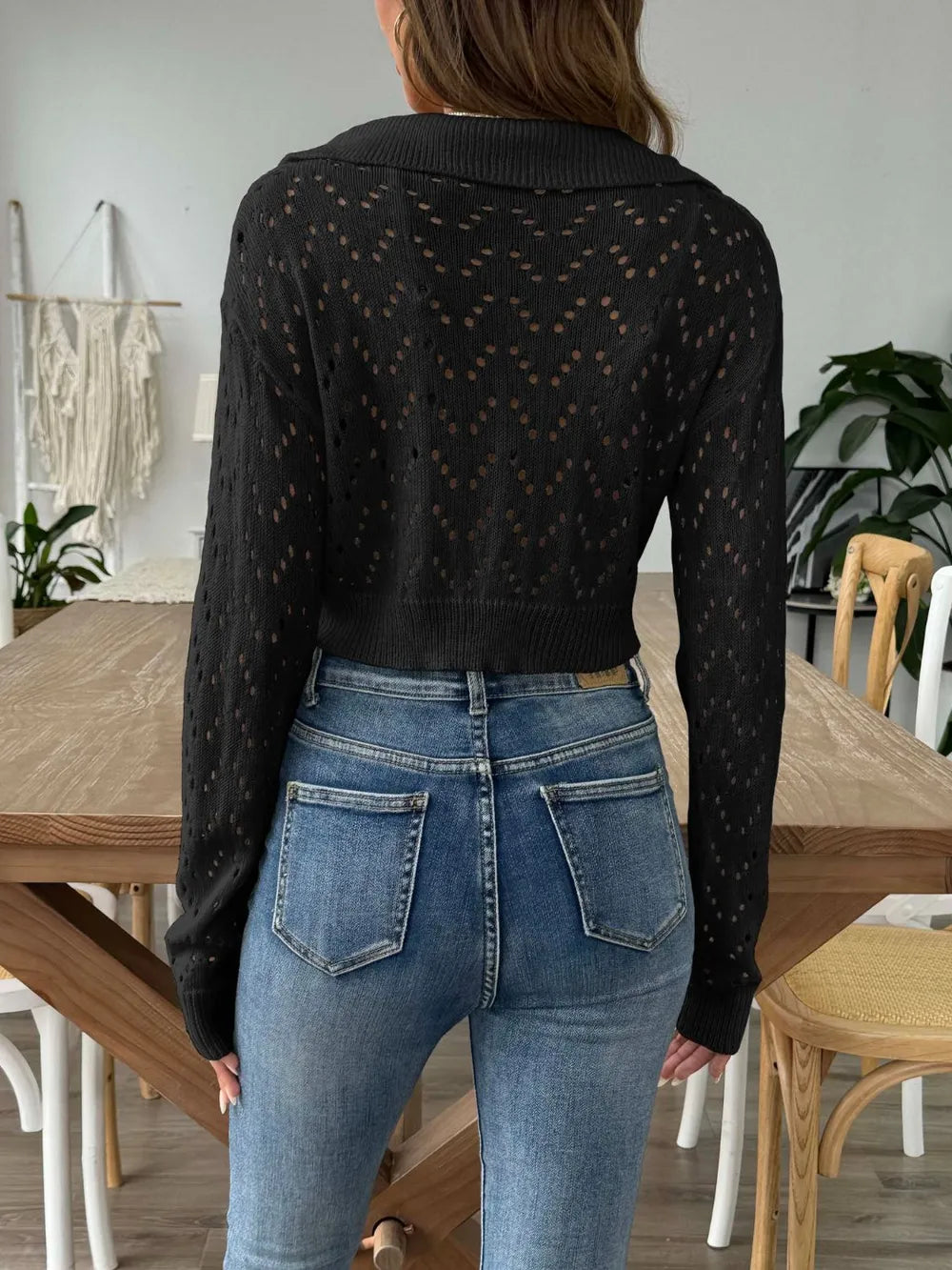 Openwork Collared Neck Long Sleeve Knit Top - -