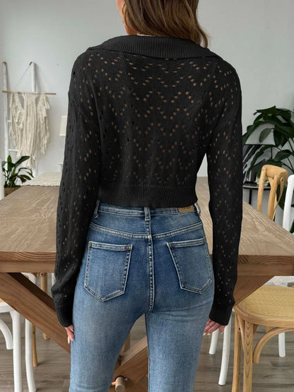 Openwork Collared Neck Long Sleeve Knit Top - -
