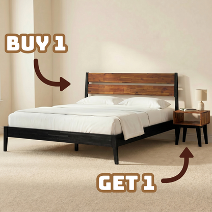 [Buy 1 Get 1] Callisto Solid Wood Bed Frame and Nightstand - Black Ristretto - Bedroom Set