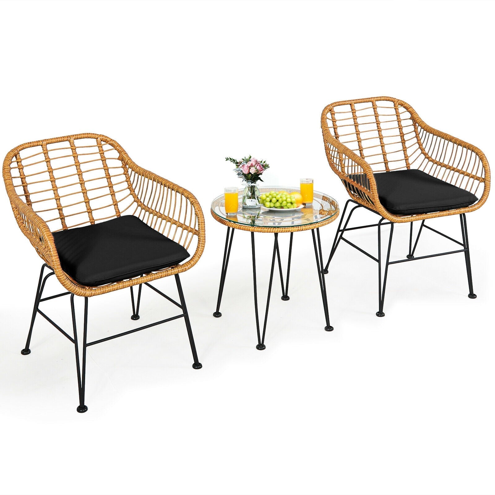 3 Pieces Rattan Furniture Set with Cushioned Chair Table- DirectDeals- {{Product type}}