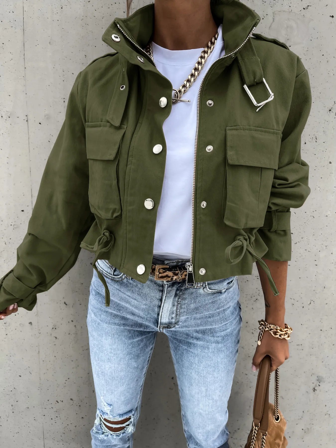 Snap Down Long Sleeve Jacket - -