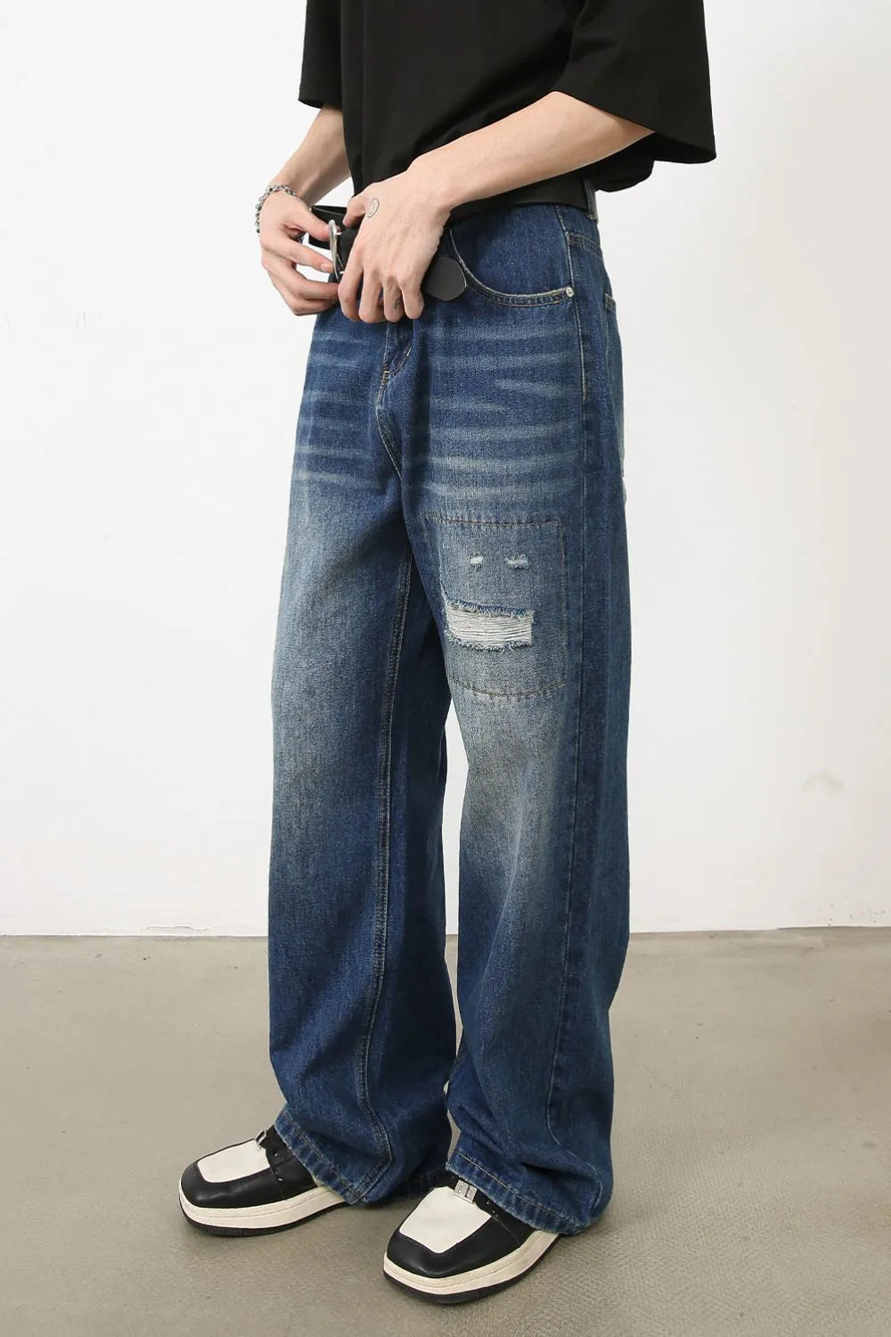 Men's Distressed Jeans with Pockets - -