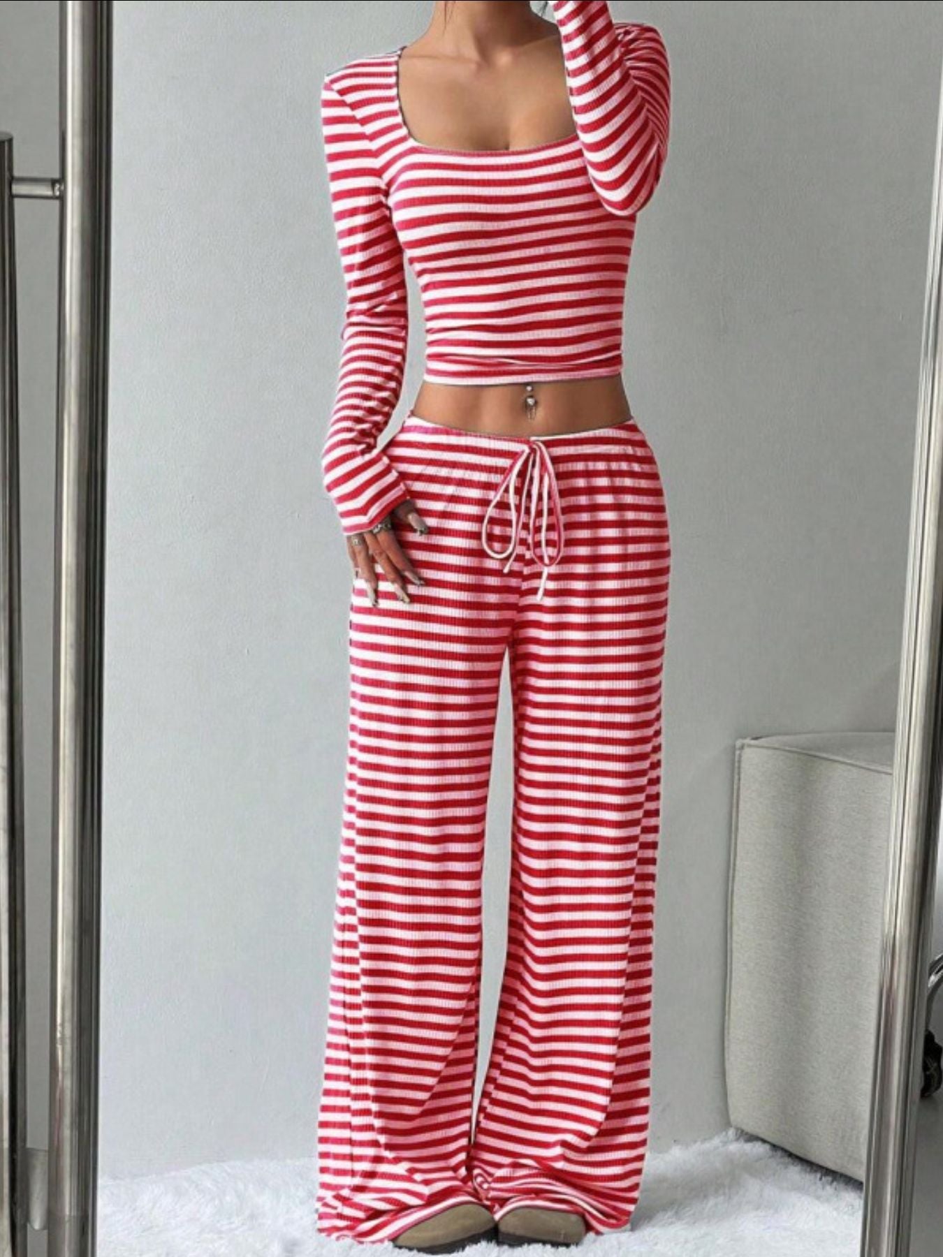 Striped Long Sleeve Crop Top & Wide Leg Pants Set- Shopimist- {{Product type}}