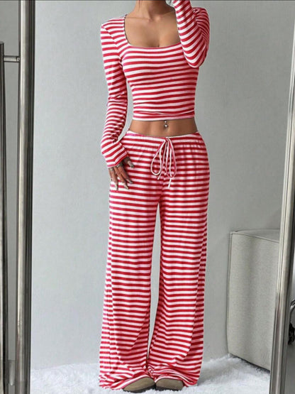 Striped Long Sleeve Crop Top & Wide Leg Pants Set- Shopimist- {{Product type}}