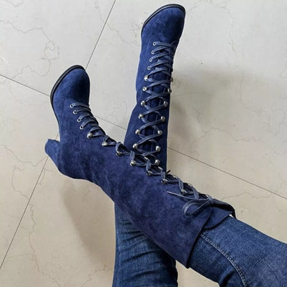 Lace Up Block Heels Boots - Blue -