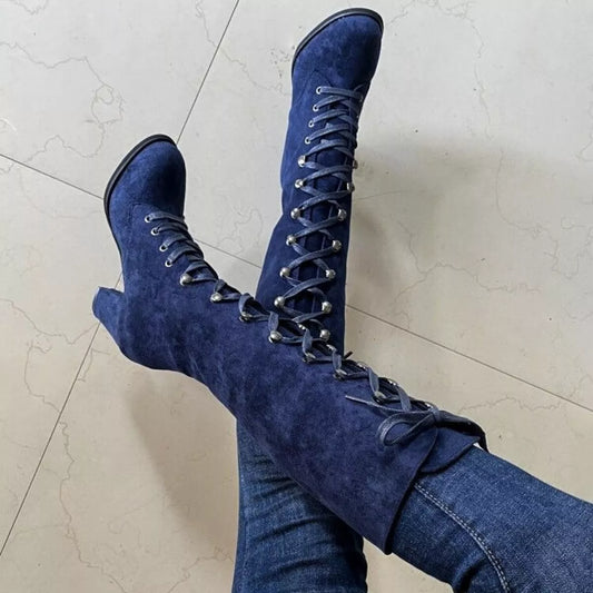 Lace Up Block Heels Boots - Blue -