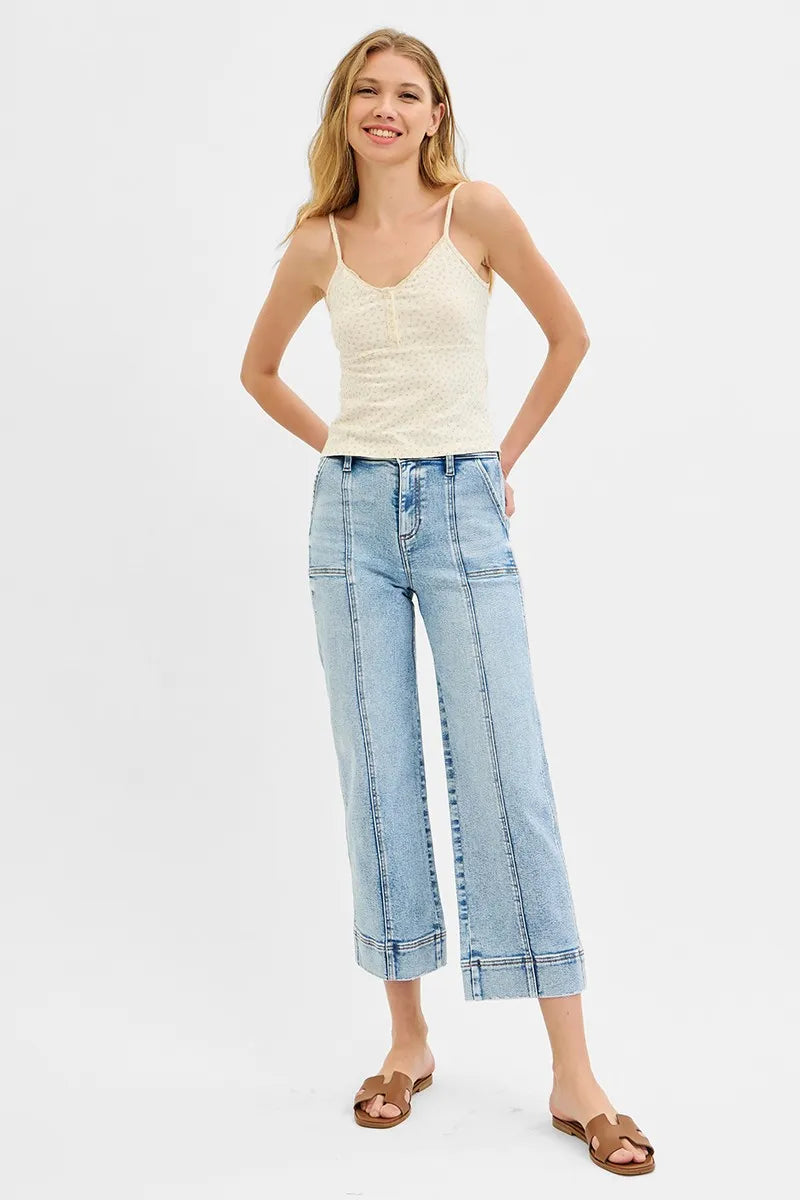 RISEN High Rise Crop Wide Front Seam Detailed Jeans - - jeans