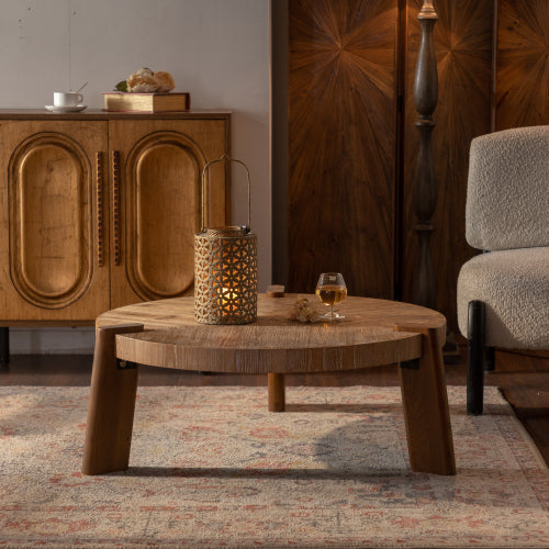 Rustic Wood Round Coffee Table, Easy Assembly - - Coffee Table