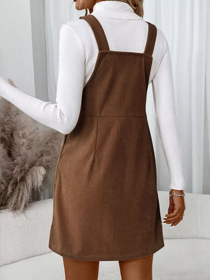 Corduroy Overall Mini Dress with Adjustable Straps - -
