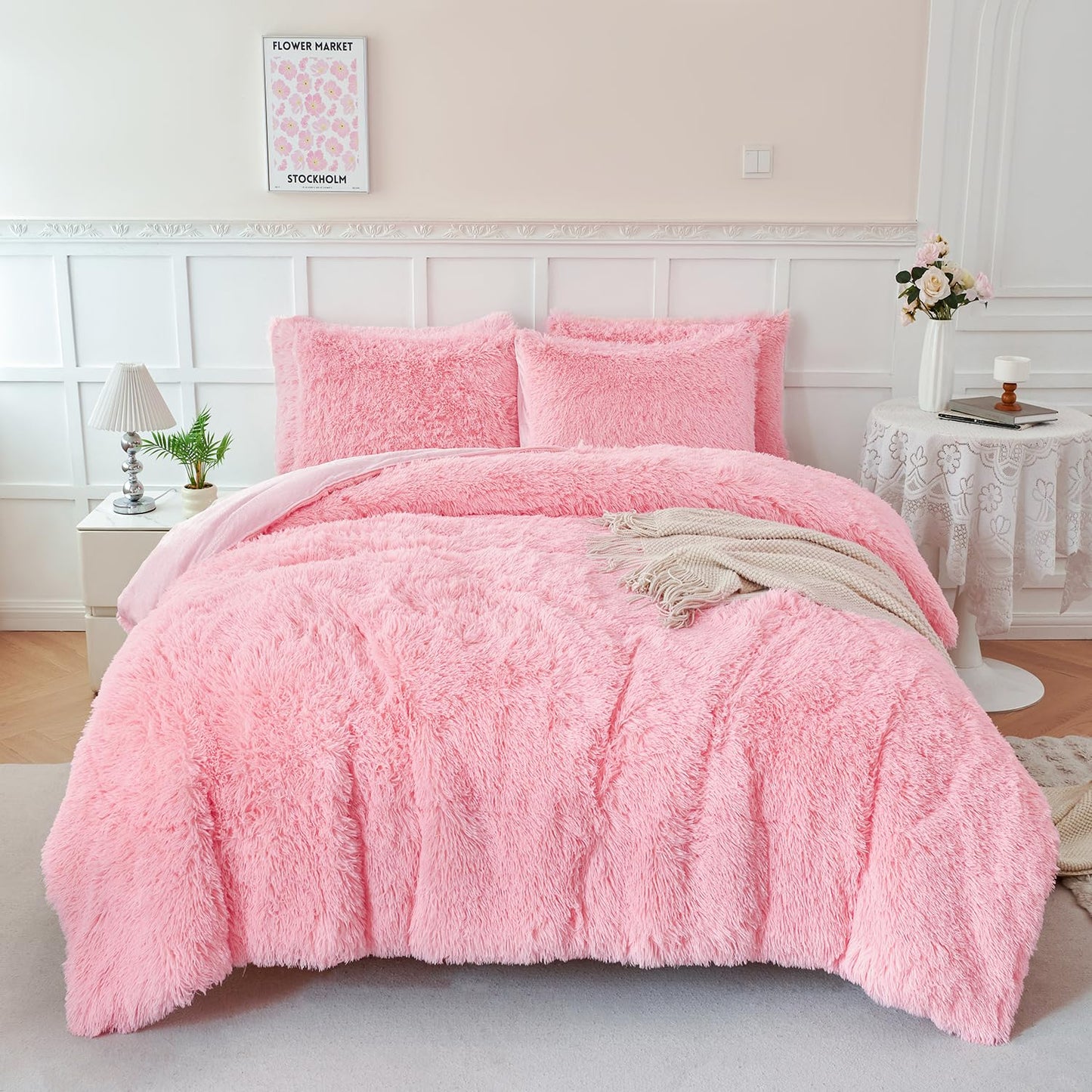 FLUFFLE Bliss Queen Pink Faux Fur Bedding Set - - bedding set
