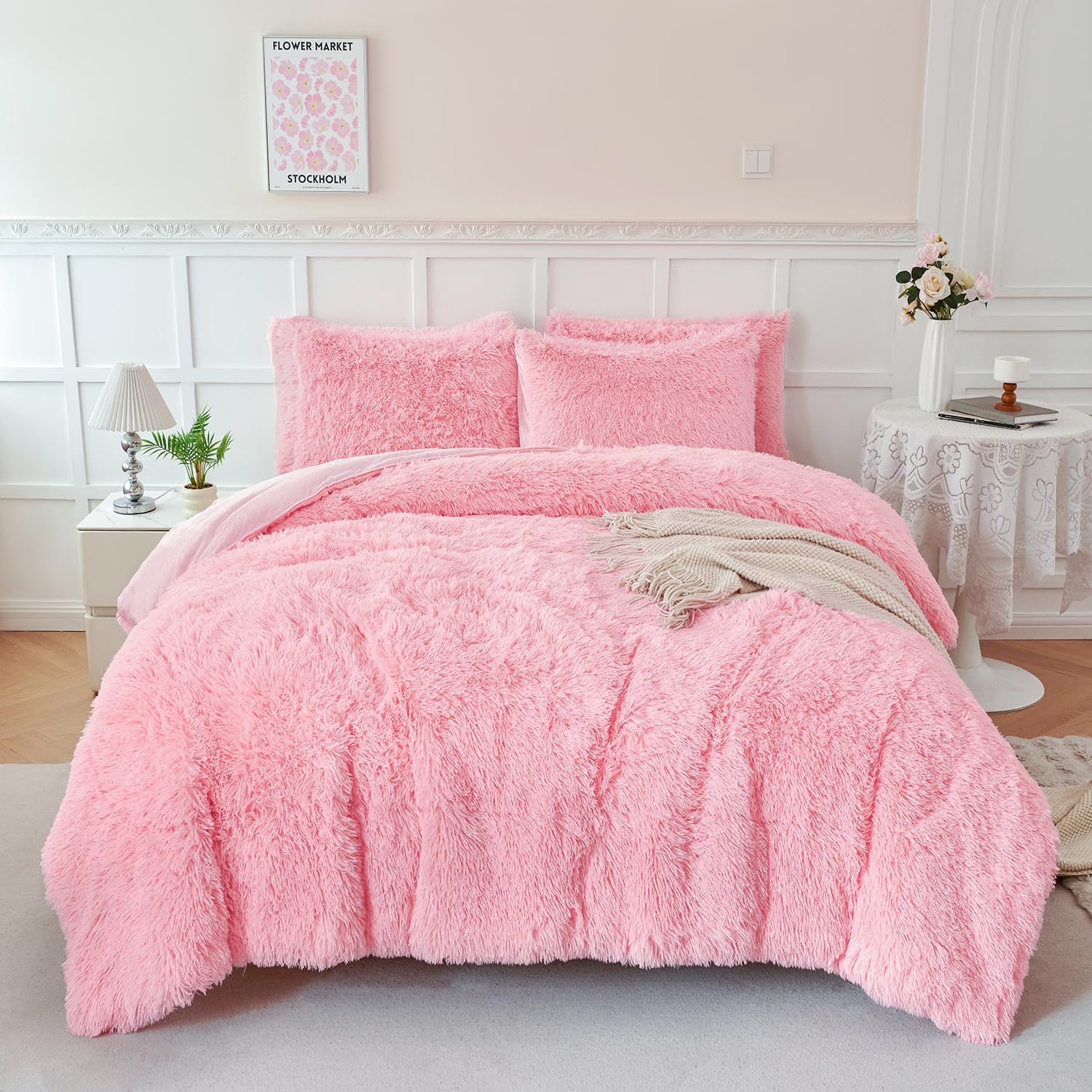 FLUFFLE Bliss Queen Pink Faux Fur Bedding Set - - bedding set