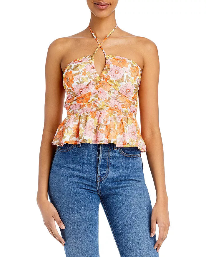Aqua Retro Floral Halter Top, Size Medium - - New with tags