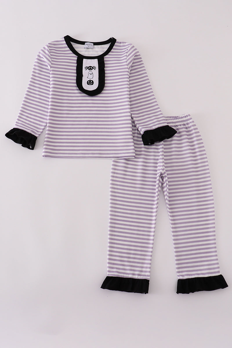 Purple Halloween spider embroidery stripe pants set - - Set