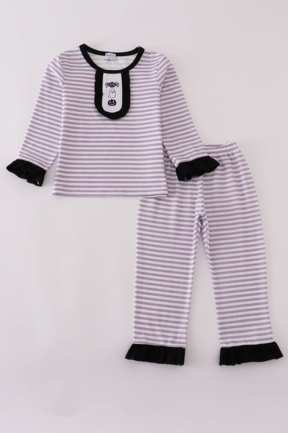 Purple Halloween spider embroidery stripe pants set - - Set