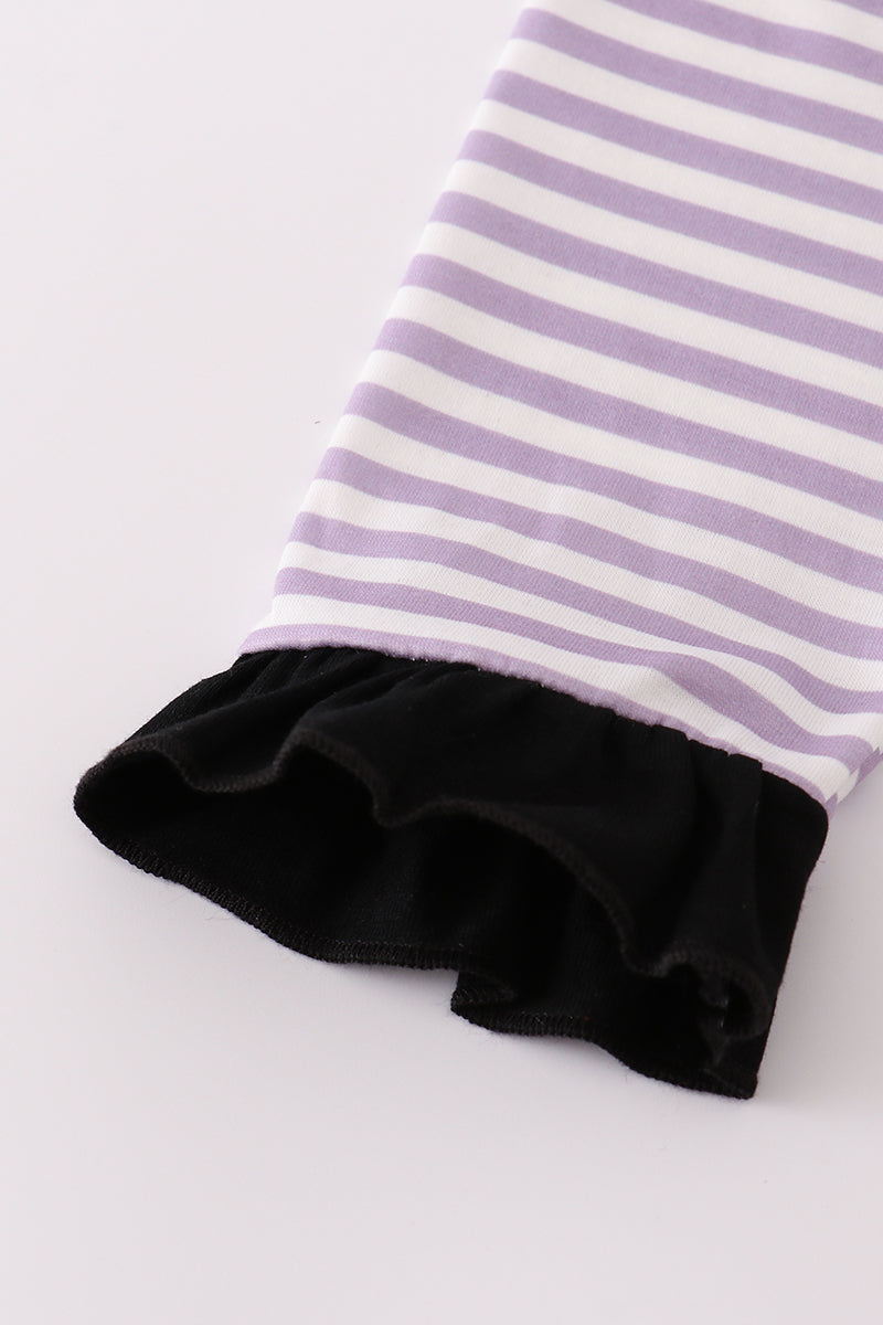 Purple Halloween spider embroidery stripe pants set - - Set
