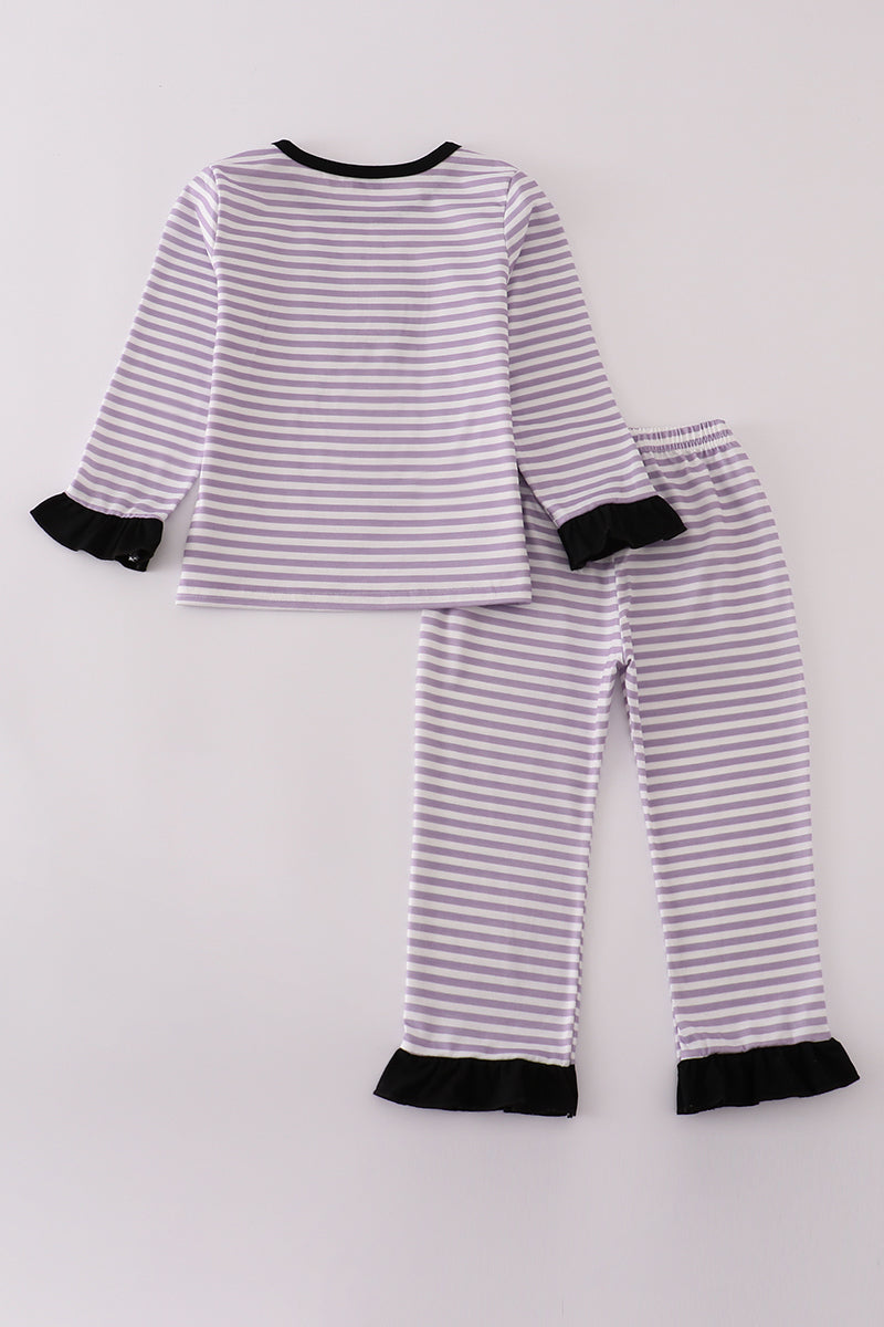 Purple Halloween spider embroidery stripe pants set - - Set