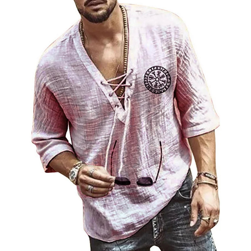 Men's Tee Shirt Solid Tops Pullover v Neck Lace-Up Loose Top Casual Half Sleeve