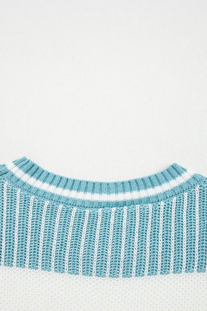 Two Tone Striped Patchwork Drop Shoulder Loose Sweater - -