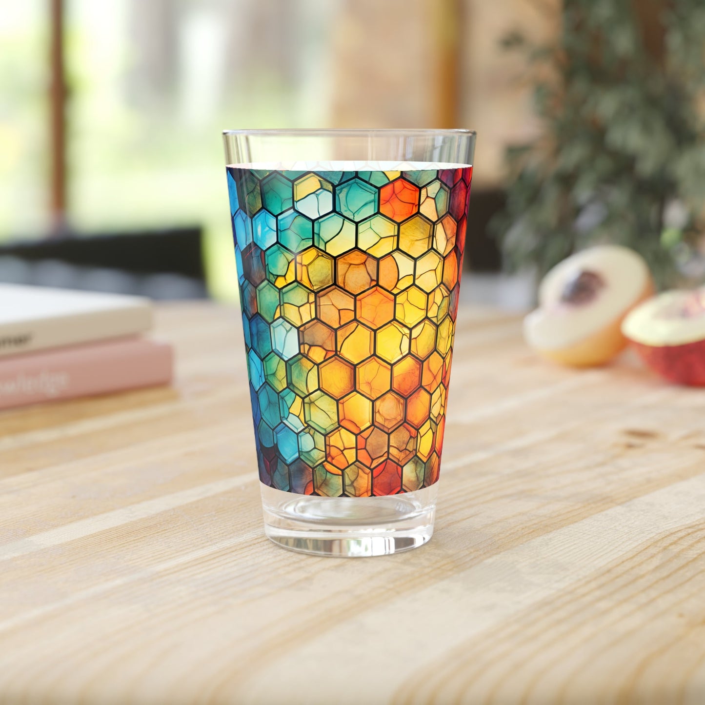 Honeycomb Suprise: A Blue and Yellow Honeycomb Stained Glass Artwork on a 16oz Pint Glass Gift idea gifts for home decor housewarming gift - - Mug