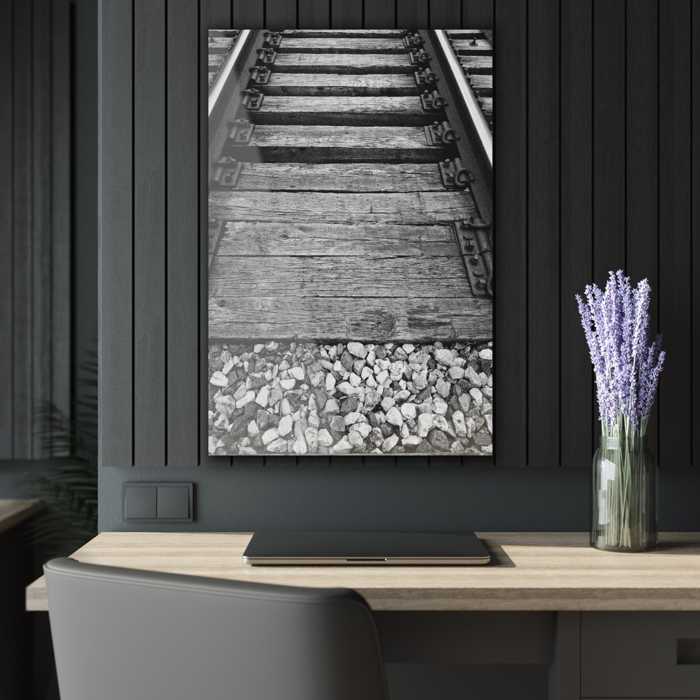 Railroad Track Black & White Acrylic Print — Vintage Track Photography Wall Art French Cleat Hanging - 24" x 36" (Vertical) 0.25'' - Home Decor