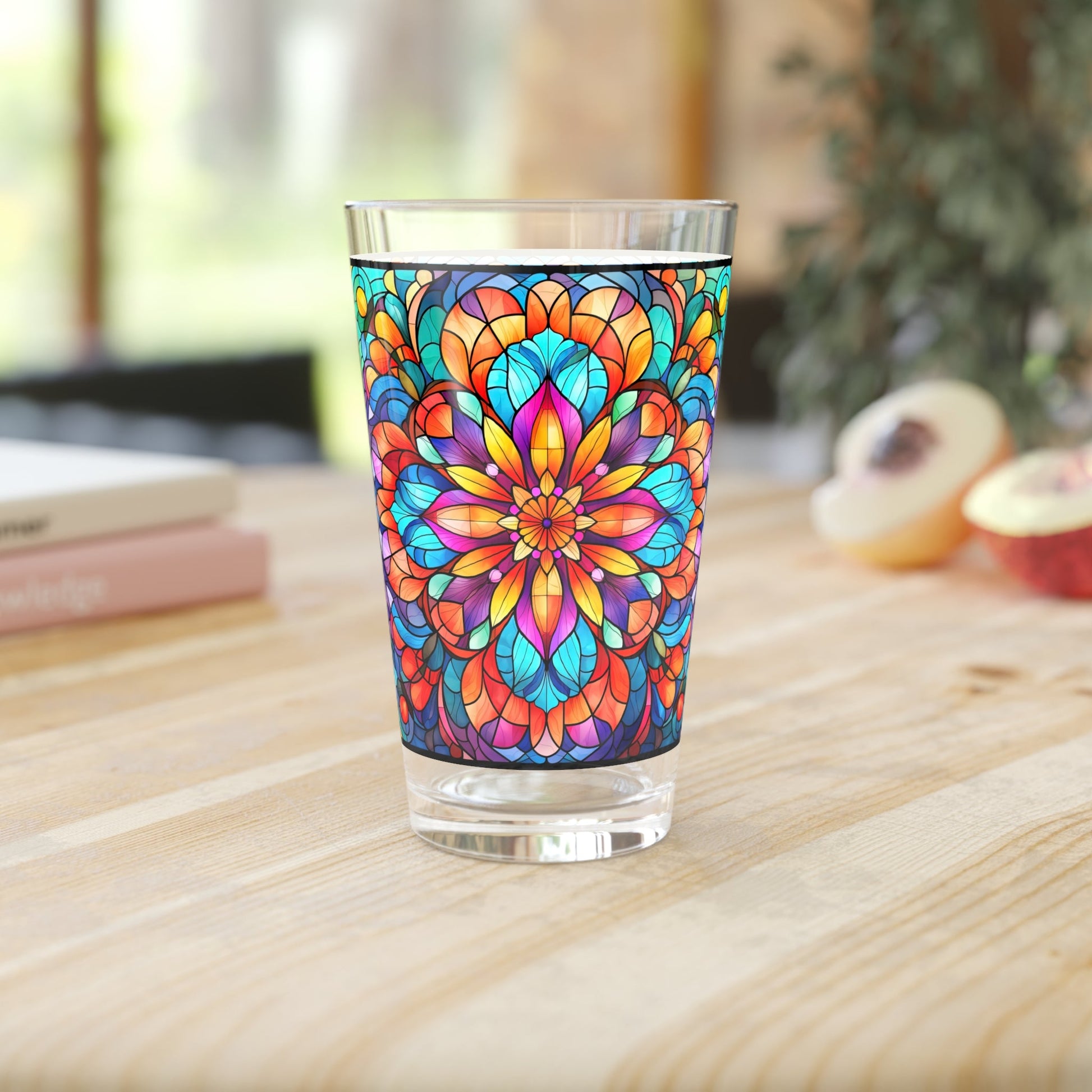 Blooming Beauty: A Rainbow-Colored Flower Stained Glass Masterpiece 16oz Pint Glass Gift idea gifts for home decor housewarming gift - 16oz - Mug