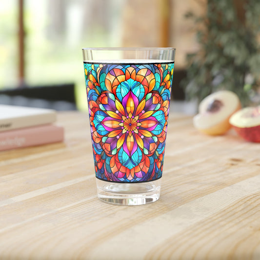 Blooming Beauty A Rainbow-Colored Flower Stained Glass 16oz Pint Glass - 16oz - drinkware
