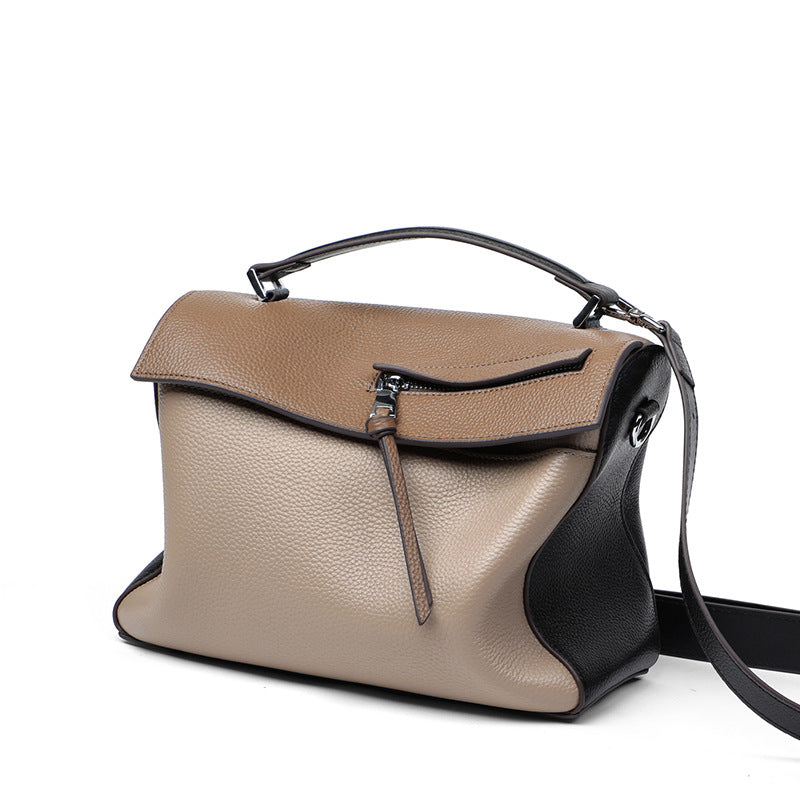 Genuine leather bag for female bag shoulder bag large capacity with contrast color pattern tote - Khaki -