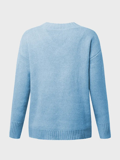 V-Neck Long Sleeve Knit Top - -
