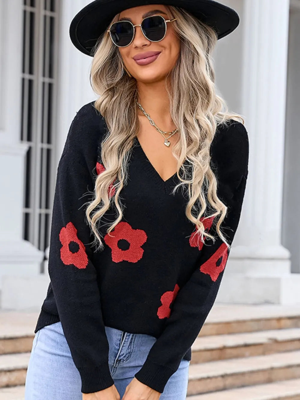 Angel Wings Flower V-Neck Long Sleeve Sweater - -