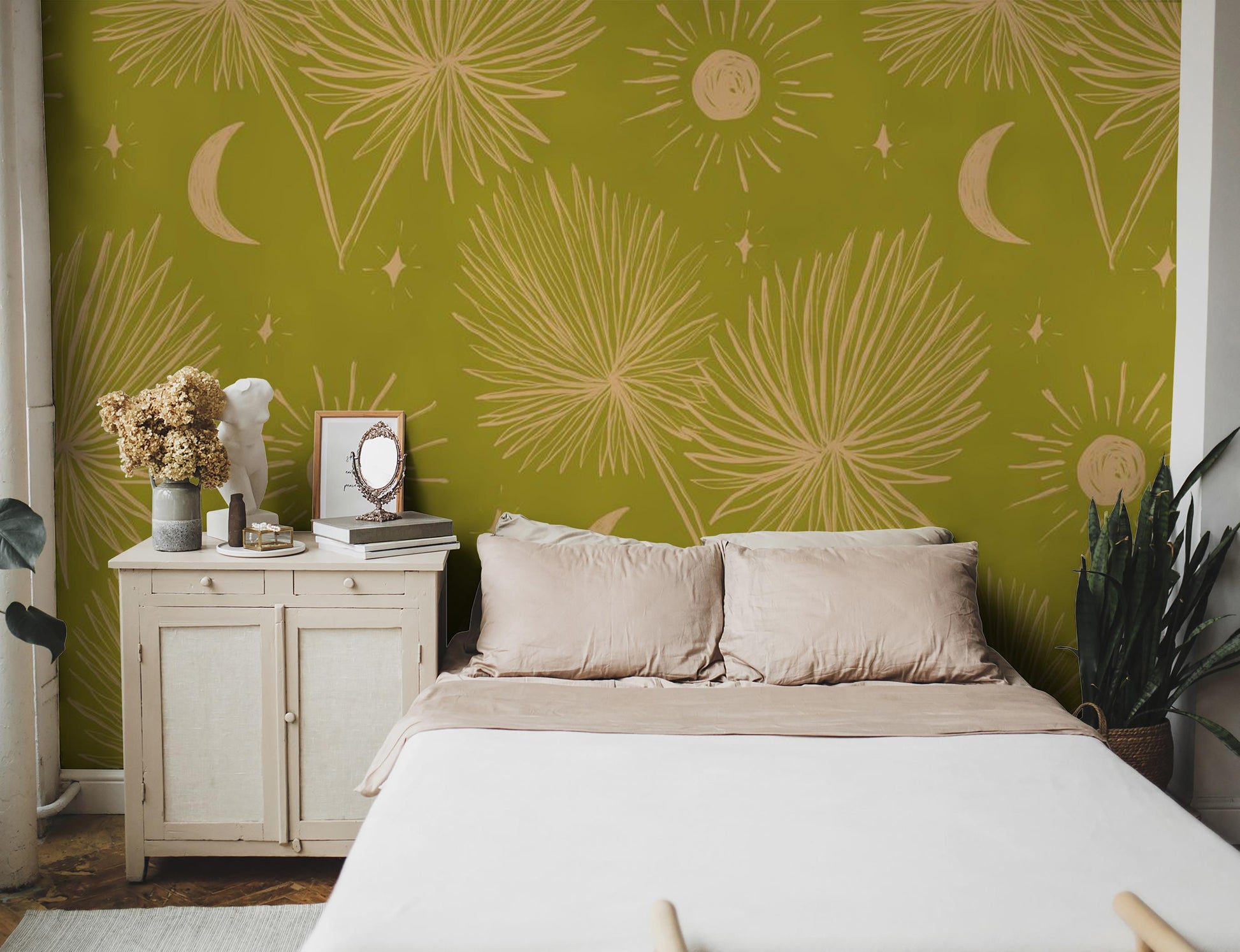 Night Palm Wallpaper, chartreuse and peach- Samantha Santana Creative- {{Product type}}