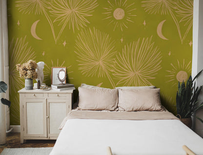Night Palm Wallpaper, chartreuse and peach- Samantha Santana Creative- {{Product type}}