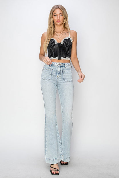 Risen Patch Pocket Flared Leg Light Blue Washed Denim Jeans - - jeans