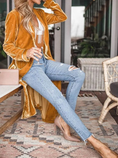 Open Front Long Sleeve Coat - -