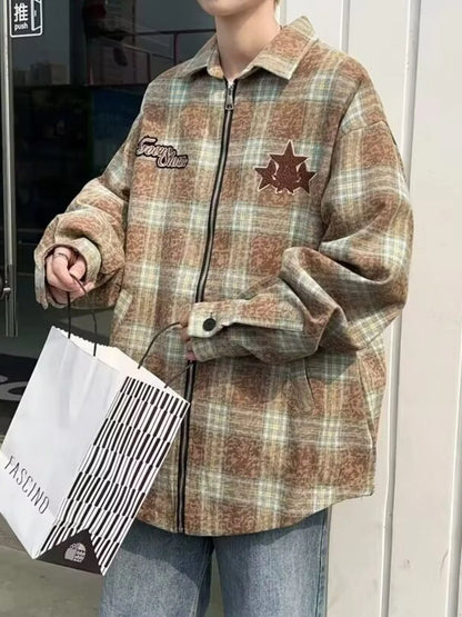 Men's Plaid Zip Up Long Sleeve Jacket - -