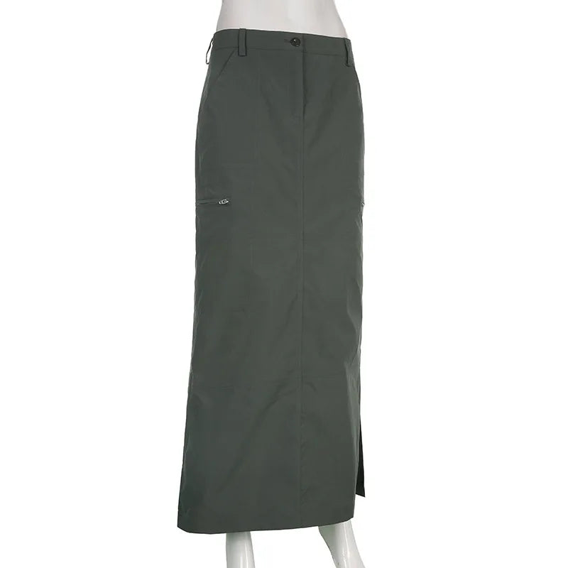 Casual Baggy Loose Cargo Skirts Big Pockets Drawstring Hem Low Waist Long Skirt