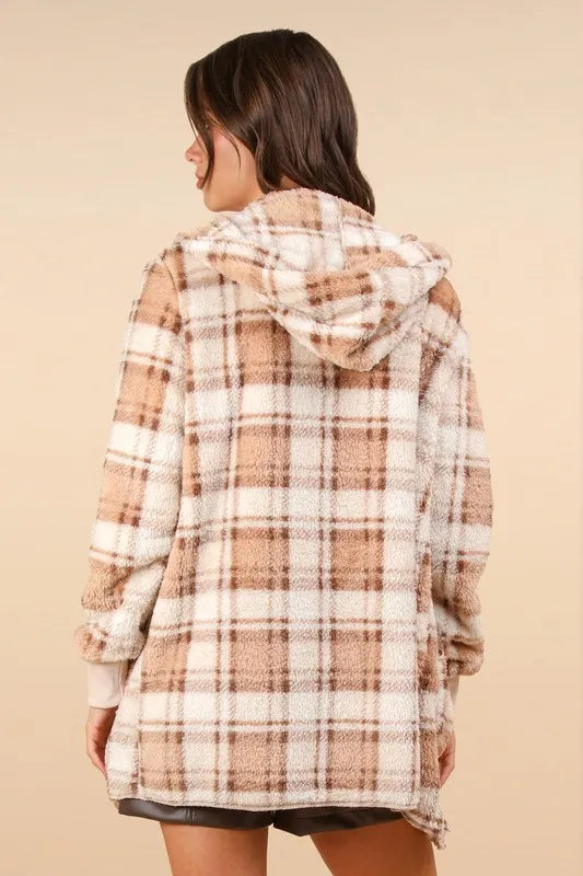 VERY J Fuzzy Plaid Long Sleeve Hooded Jacket - -