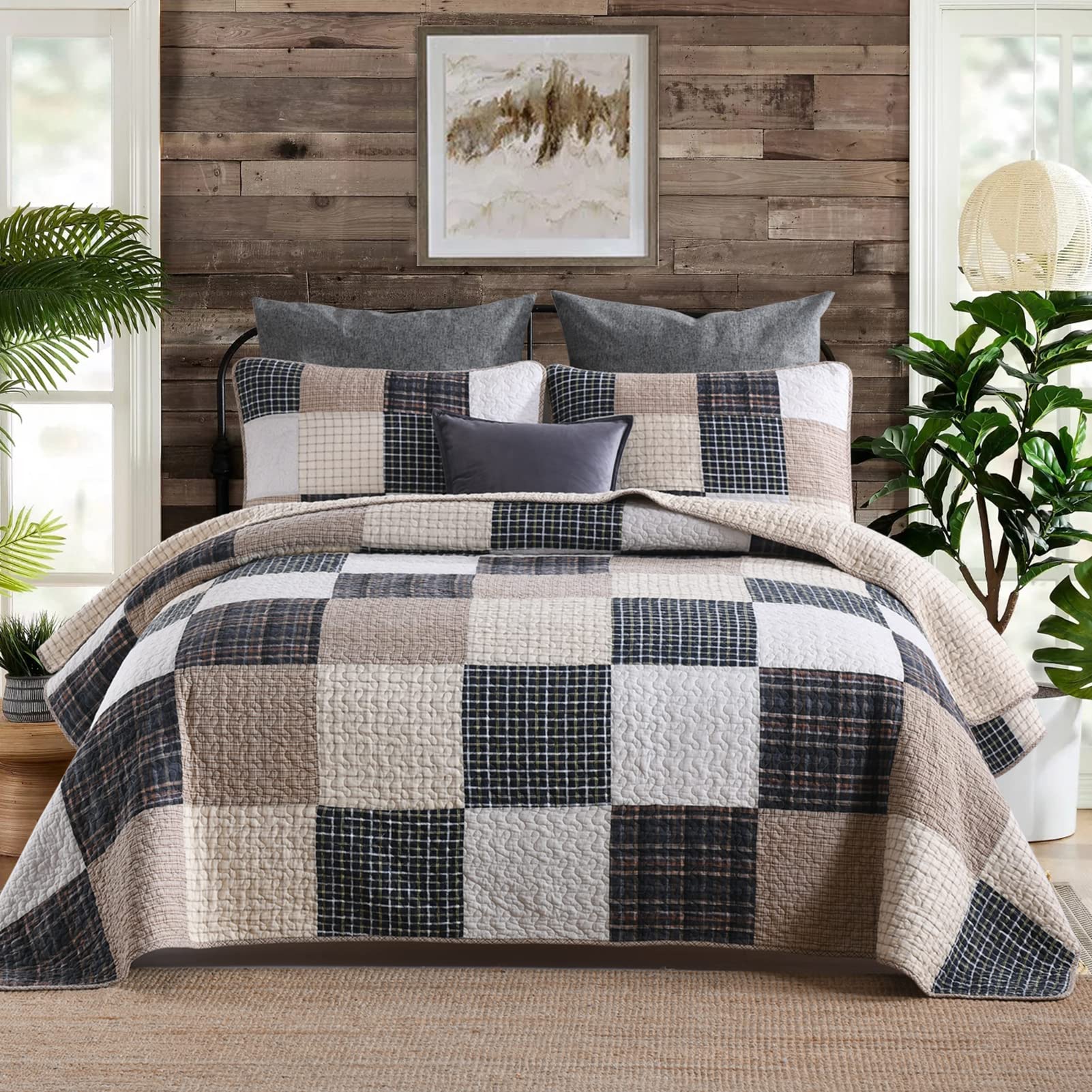 Farmhouse Cotton Queen Comforter Set - Beige Blue-black Brown Queen(90"x98") - quilt