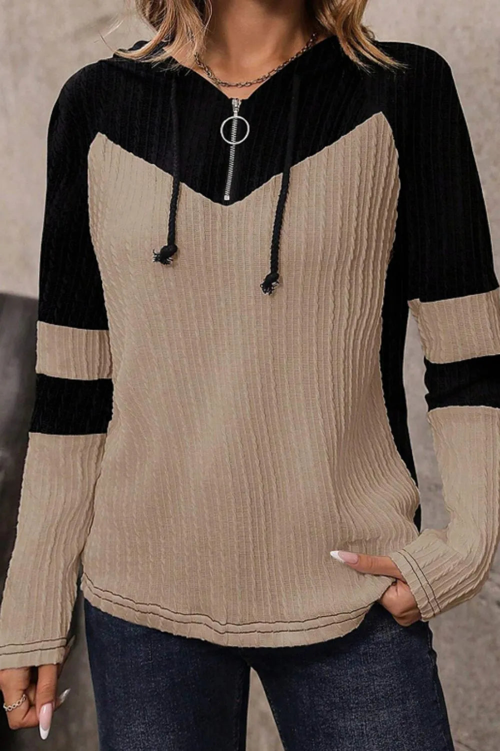 Drawstring Quarter Zip Contrast Long Sleeve Hoodie - -
