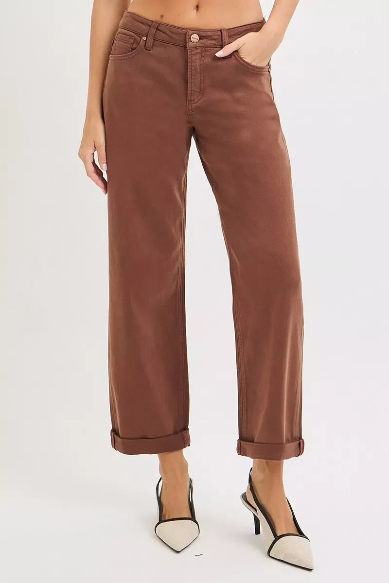 RISEN Tummy Control Mid Rise Ankle Barrel Baggy - COCOA - jeans