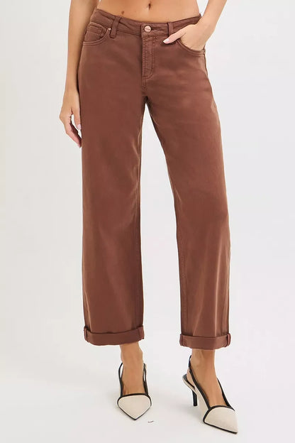 RISEN Tummy Control Mid Rise Ankle Barrel Baggy - COCOA - jeans