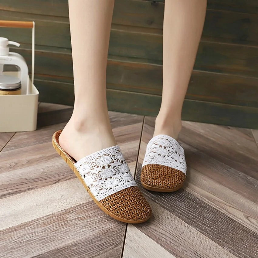 Rattan Mat and Lace Linen Slippers Women Summer Sandals