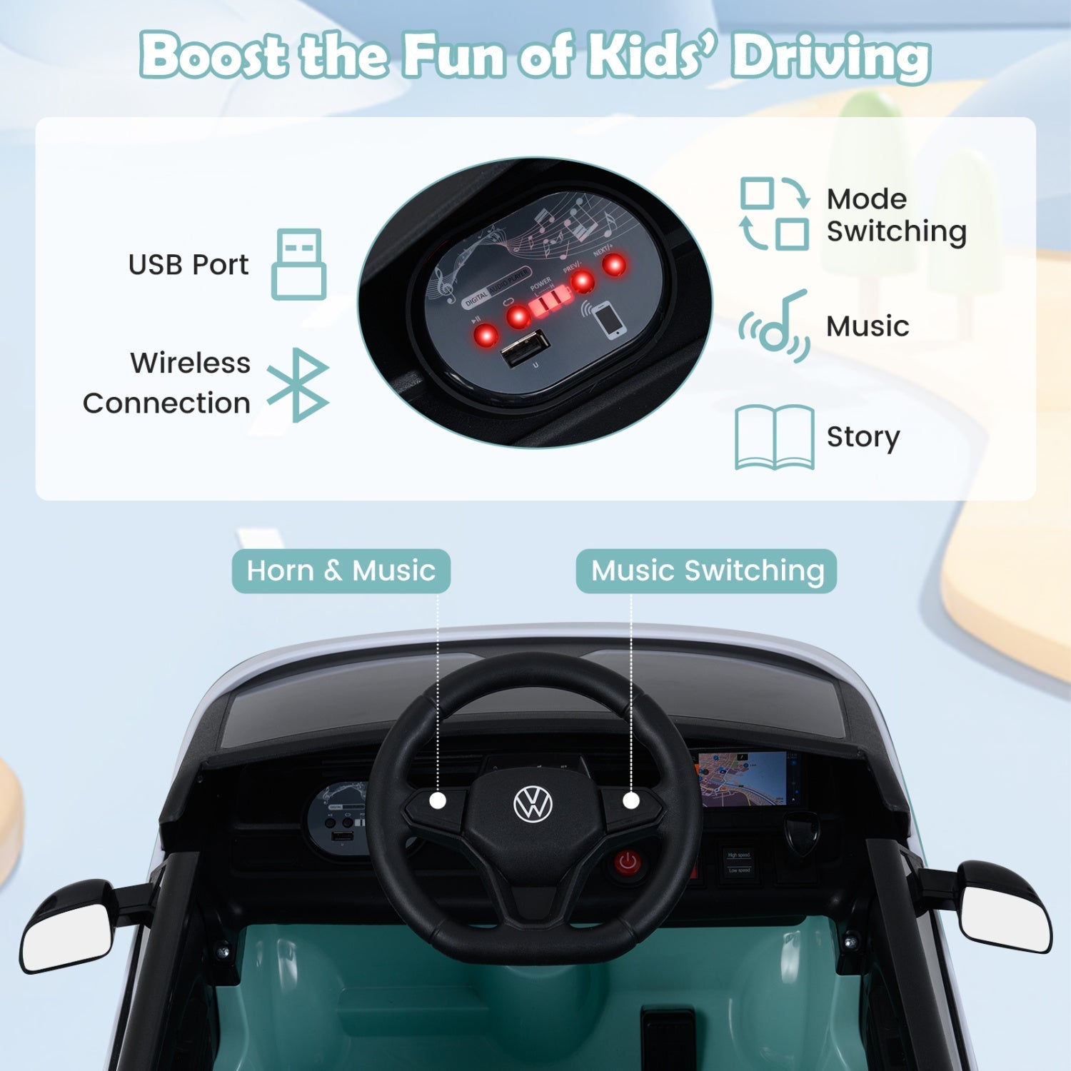 12V Electric Ride-On VW Bus with Remote Control & Music - - Ride-On Toy